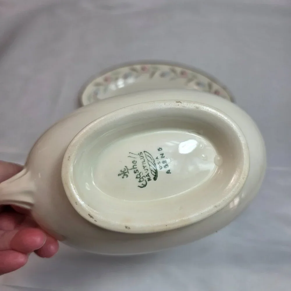 Homer Laughlin Nantucket Gravy Boat with Underplate Pink & Blue Flowers